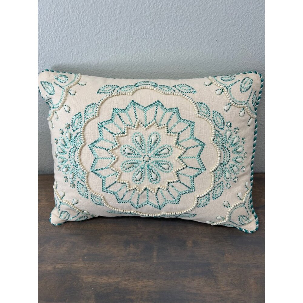 Kim Seybert Beaded Embroidered Pillow Boho Cotton 11" x 15.5"